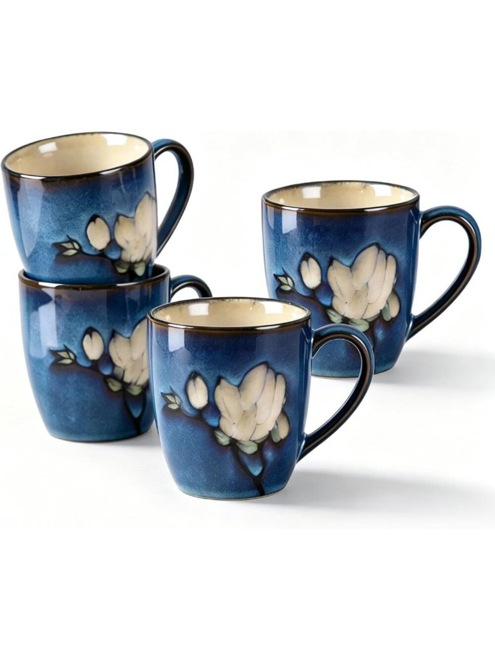 Hand-Painted Floral Stoneware Coffee Mugs Set of 4, 12oz, Dishwasher & Microwave